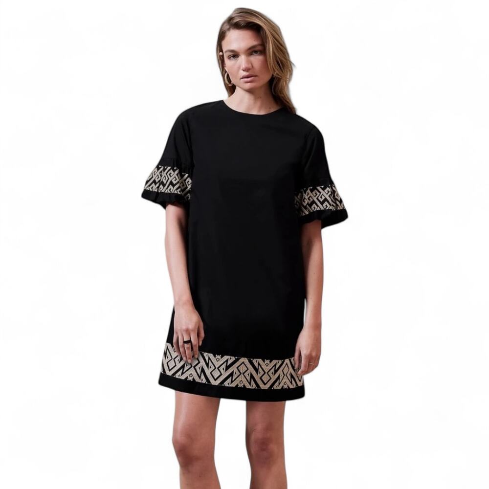 Banana Republic Embroidered-Sleeve Mini Dress Size S Black Bohemian Tribal Trim